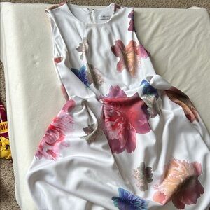 Calvin Klein White Floral Fit-and-Flare Dress with Multicolor Blooms